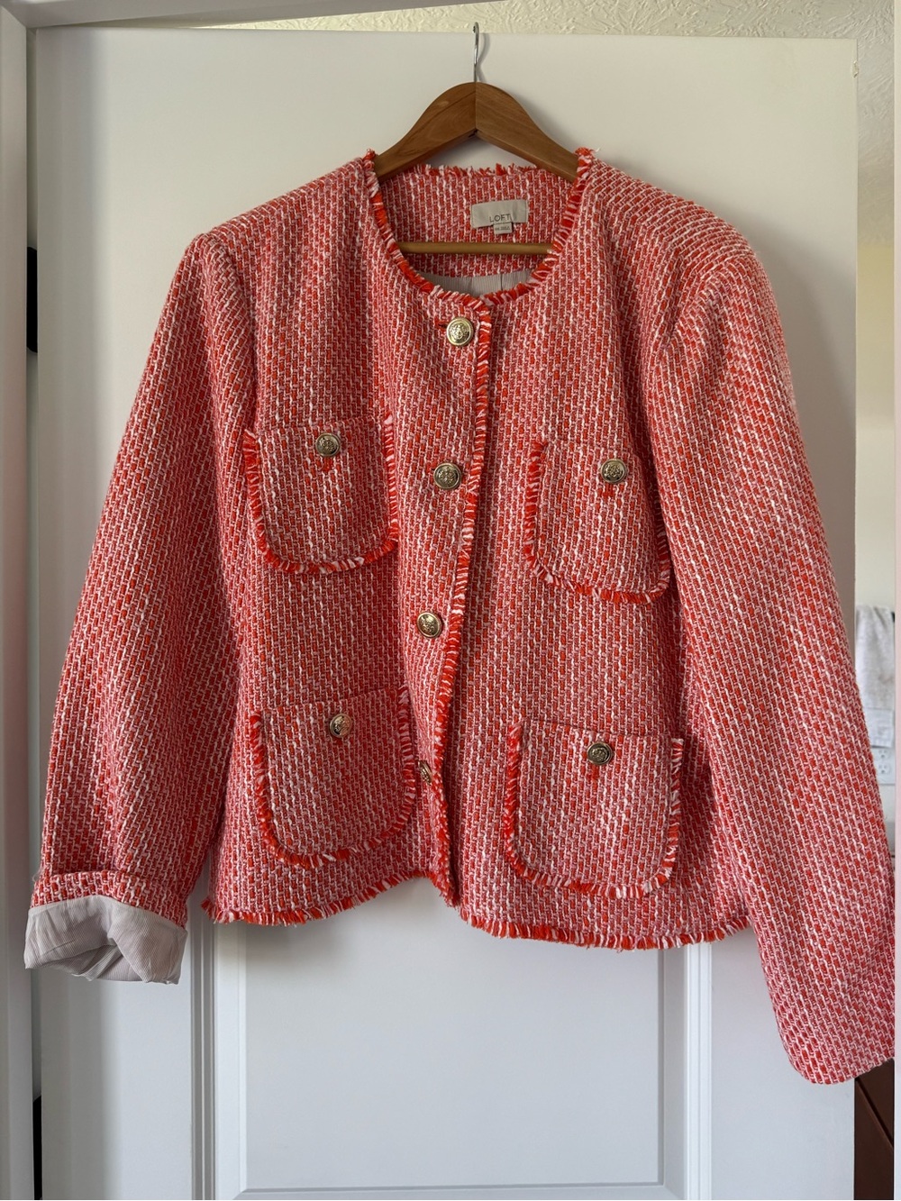 LOFT Coral Tweed Blazer with Gold Buttons